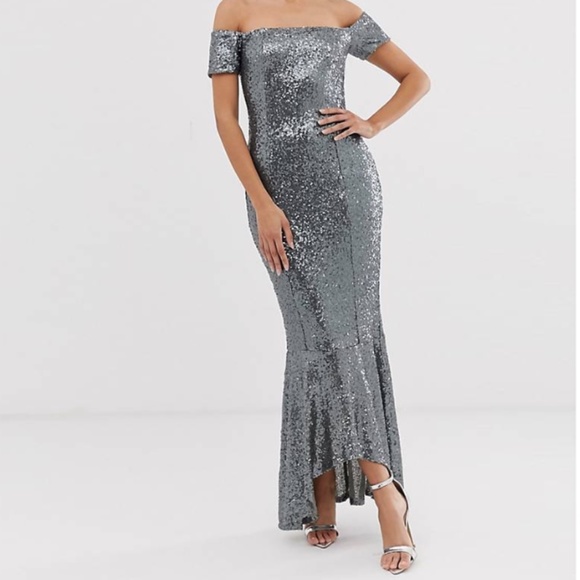 NWT Silver sequin off the shoulder dress with ruffle hem - Picture 1 of 3